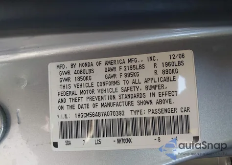 2007 Honda Accord 2.4 Lx z USA, uszkodzony, nr VIN 1HGCM56487A070392